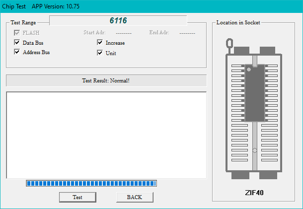 The 6116 test inside the TL866 software. It says "test result normal."