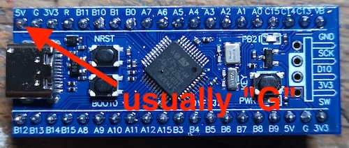 An additional 5V pin has been added on pin 40 of this STM32, where GND usually is.