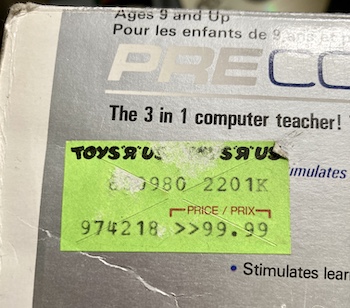 The Toys 'R' Us price tag, showing $99.99 original purchase price.