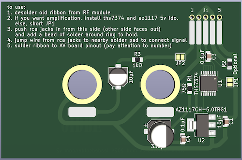 A later version of the PCB, incorporating more caps for filtering, but the basics are there: an audio and a video jack, and input pins for the ribbon originally meant for the RF module.