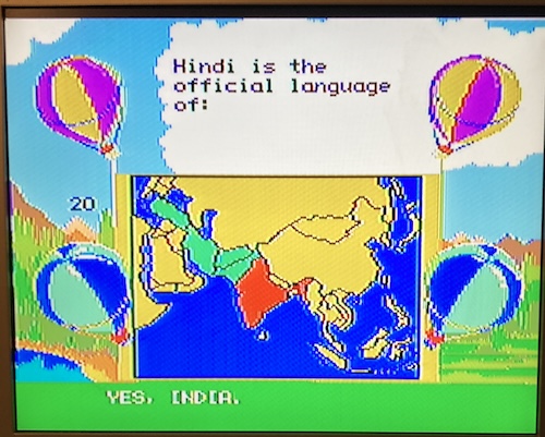 The game asks "Hindi is the official language of:" and I have selected India from a map, because I know where India is. The game responds "Yes, India."