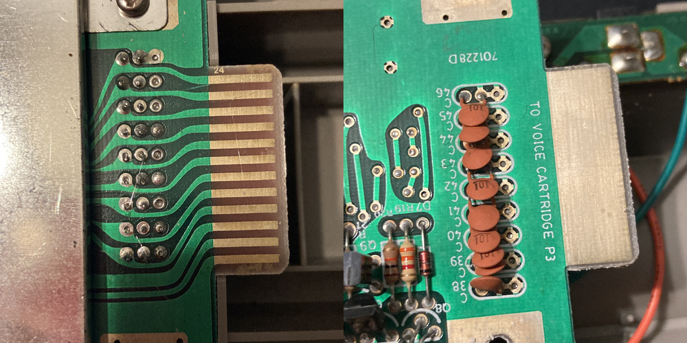 The solder side and parts side of the Voice Cartridge edge connector. The parts side has no pins on it, just a solid blob of ground pour.