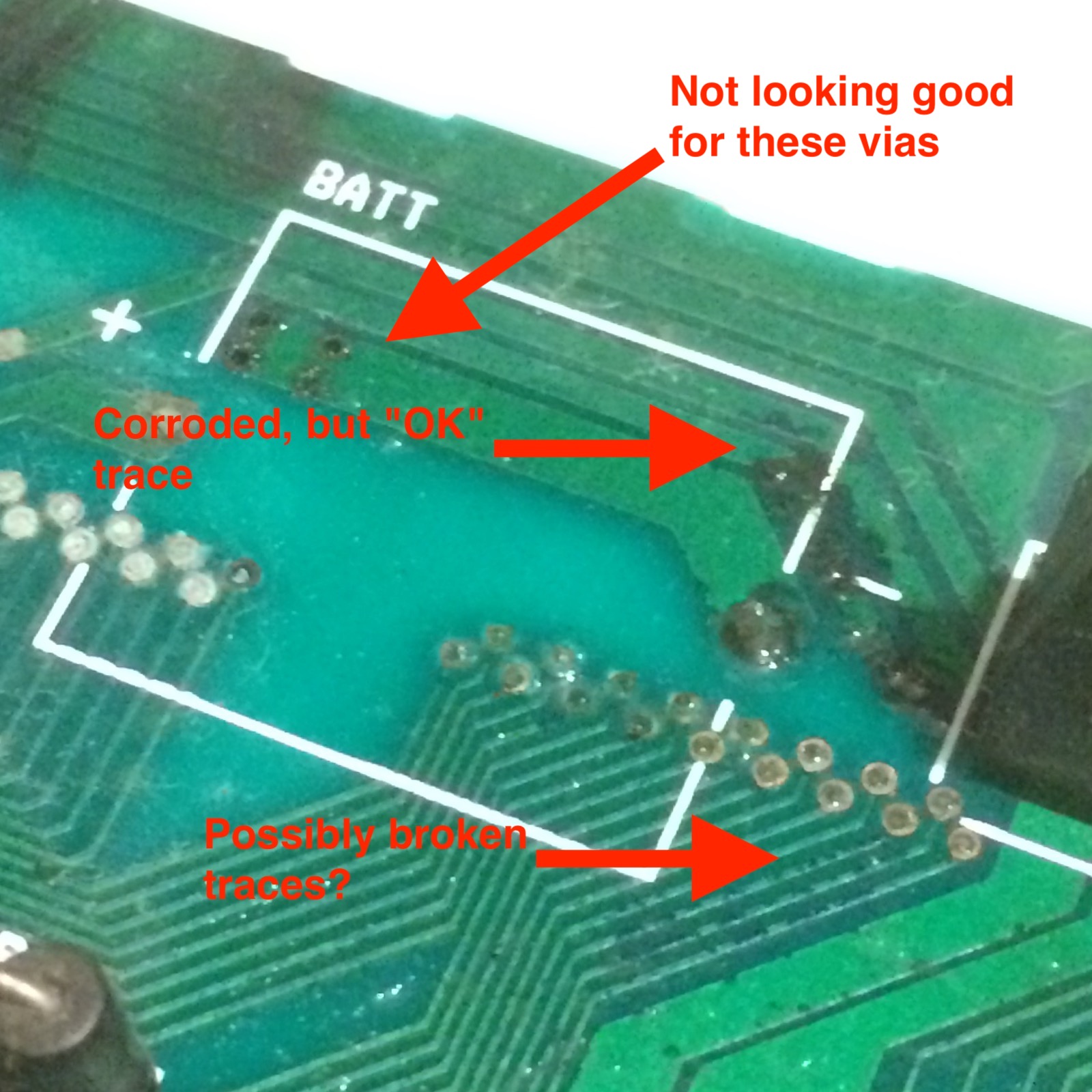 Battery damage ground zero. Corroded vias, corroded traces, damaged solder mask