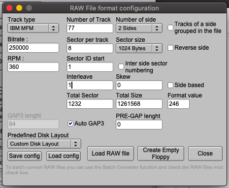 A screenshot of the raw format configuration dialogue on the HxC disk image tool. 77 tracks, 8 sectors/track, 1024-byte sectors