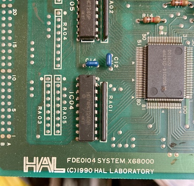 The logo on the hand-scanner card. It says FDE0104 SYSTEM X68000 / (C) 1990 HAL LABORATORY